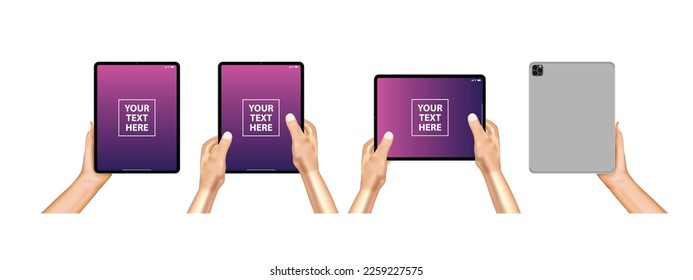 Human hands hold horizontally smart device and tablet with blank screen. Realistic hand is touching smartphone display. Flat colorful  vector illustration.