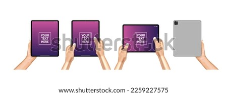 Human hands hold horizontally smart device and tablet with blank screen. Realistic hand is touching smartphone display. Flat colorful  vector illustration.