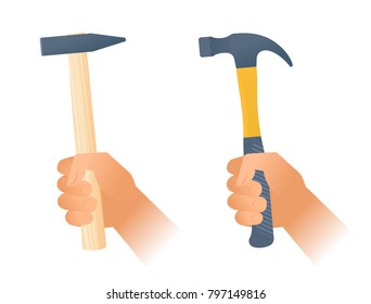 Human hands hold a hummers with wood and plastic handles. Flat illustration of repair instrument, builder and construction hand tools. Vector design elements isolated on white background.