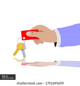 Human hands hold keys in a trendy, flat style. Vector illustration.