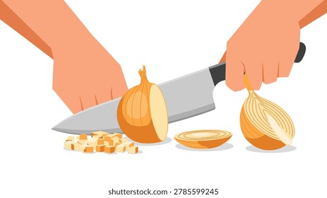 Human hands hold a large stainless steel kitchen knife and demonstrate the precise motion of dicing a yellow onion into small uniform cubes on a white background surface.