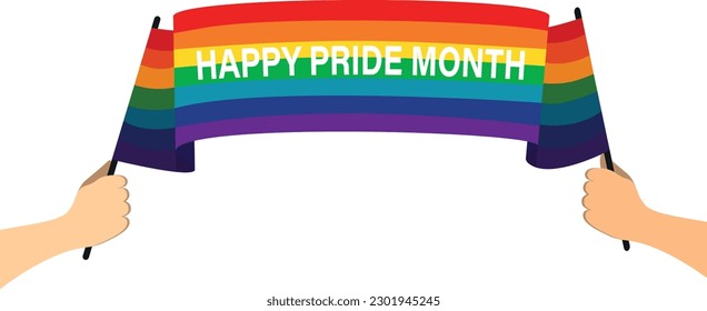 Human hands hold an LGBT flag in celebration of pride month or pride day or parade.