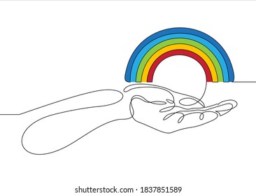 Human hands hold the line Rainbow .Vector illustration.Continuous line art or One Line Drawing