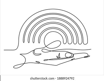 Human hands hold the line Rainbow .Vector illustration.Continuous line art or One Line Drawing