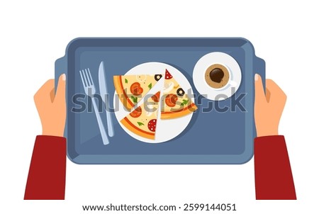Human hands hold meal tray with food for lunch, top view. Knife and fork.