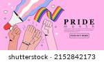 Human hands hold megaphone with transgender and lgbt rainbow flags during pride month or day celebration or parade. People clap hands in applause. LGBTQ banner template on pink background. 