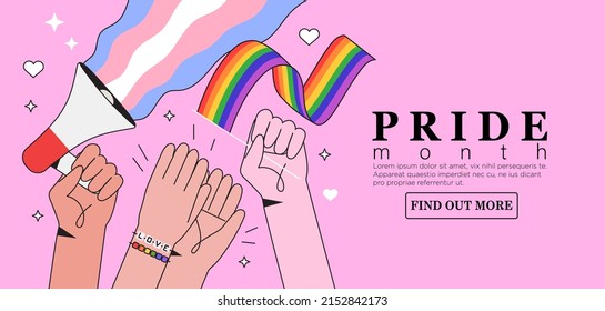 Human hands hold megaphone with transgender and lgbt rainbow flags during pride month or day celebration or parade. People clap hands in applause. LGBTQ banner template on pink background. 
