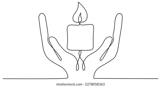 Human hands hold memorial candle continuous line drawing art   Vector illustration isolated white 