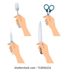 Human hands hold metal fork, steel knife, medical syringe, office stainless scissors. Flat illustration of male and female hands with various sharp and cutting objects. Vector design isolated elements