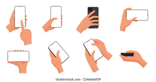 Human hands hold mobile phone with empty blank screen set vector illustration. Cartoon arms touch device with fingers, zoom, tap, swipe gestures isolated on white. Communication, internet concept