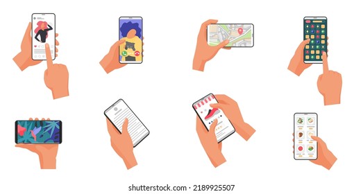 Las manos humanas mantienen el teléfono móvil con diferentes contenidos en línea en la ilustración vectorial de pantalla. Caricatura de miles de personas comprando, usando medios sociales, videochat y mapas de aplicaciones aisladas en blanco