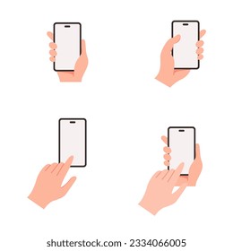 Human hands hold the mobile phone with blank screen set vector illustration. Cartoon arms touch the device with fingers. Communication, internet concep