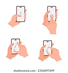 Human hands hold the mobile phone with blank screen set vector illustration. Cartoon arms touch the device with a finger. Communication, internet concep. hand gesture concept