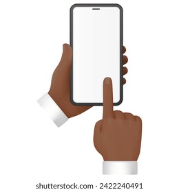 Human hands hold mobile phone, pointing finger at blank screen vector illustration