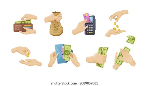 Human hands hold money set. People arms carry cash currency banknotes, golden coin sack, putting in congrats gift envelope, storage in wallet, contactless online payment card POS terminal flat vector