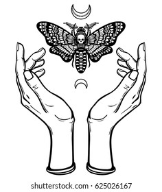 Human hands hold a moth the Dead Head. Symbols of the moon. Mysticism, esoteric, sorcery. Coloring book. Vector illustration isolated on a white background.