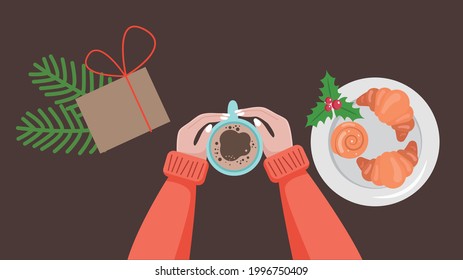 Las manos humanas sostienen la taza con café.Ilustración vectorial de vista superior para afiches, banner, tarjeta, cubierta, postal. Tema de Navidad y Año Nuevo.
