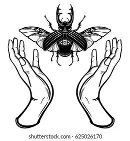 Human hands hold a mystical bug. Coloring book. Vector illustration isolated on a white background.