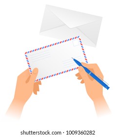 Human hands hold paper envelope and write address with pen. Vector illustration of hands holding office correspondence and blue pen. Flat design business writing concept isolated on white background.