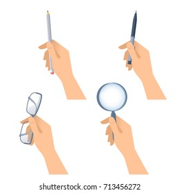 Human hands hold pen, wooden pencil, glasses and magnifying glass. Flat illustration of male and female hands with business and office stationery and supplies. Vector design elements isolated on white