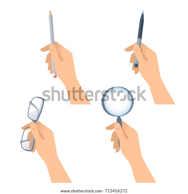 人の手はペン 木の鉛筆 眼鏡 虫眼鏡を持つ ビジネスや事務用文房具