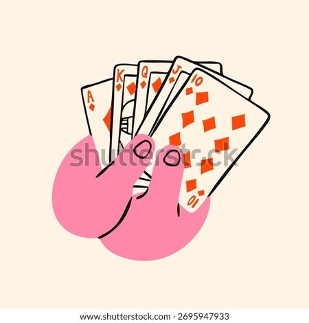 Human hands hold playing cards. Diamonds Royal flush. Hand drawn trendy Vector illustration. Tournament, casino, poker, gambling, game, croupier, entertainment concept. Isolated design element