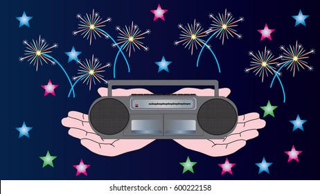 Human hands hold a portable tape recorder against the background of stars and fireworks.