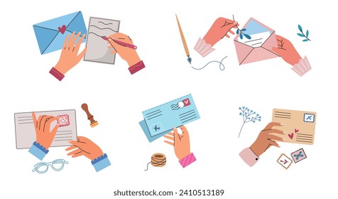 Human hands hold postal envelopes and letters. Woman arms write, glue stamps and put herbarium, handmade romantic paper messages, vector set.eps
