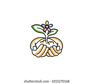 Human hands hold and preserve a flower plant logo template. Sprout care vector design. Nature illustration