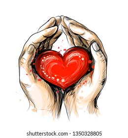 
Human hands hold a red heart - a symbol of love. Hand-drawn sketch color drawing on white background with splashes of watercolor.