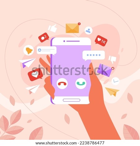 Human hands hold ringing phone with messages,notifications emoticons. Chat with friends and send new messages.Colorful speech bubbles on smartphone screen.Vector flat illustration on beige background