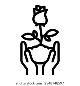 Human hands hold rose flower in soil line icon, Floral concept, Rose blossom with leaves sign on white background, Rose flower in hands in outline for mobile. Vector graphics.