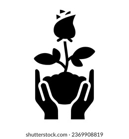 Human hands hold rose flower in soil solid icon, Floral concept, Rose blossom with leaves sign on white background, Rose flower in hands icon in glyph style for mobile. Vector graphics