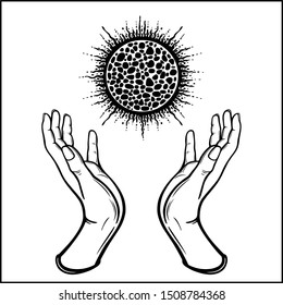 Human hands hold a shining ball. Magic, alchemy, occult. Monochrome vector illustration isolated on white background.