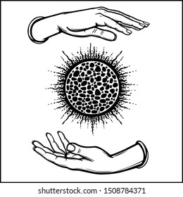 Human hands hold a shining ball. Magic, alchemy, occult. Monochrome vector illustration isolated on white background.