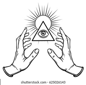 Human hands hold the shining triangle a symbol of eyes. Coloring book. Vector illustration isolated on a white background.