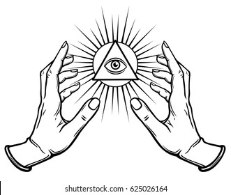 Human hands hold the shining triangle a symbol of eyes. Coloring book. Vector illustration isolated on a white background.