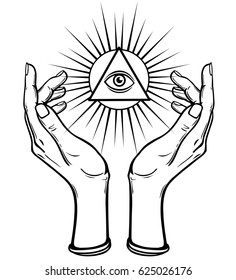 Human hands hold the shining triangle a symbol of eyes. Coloring book. Vector illustration isolated on a white background.