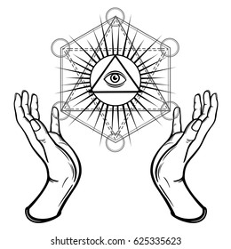 Human hands hold the shining triangle, a providence eye. Sacred geometry, mystical symbol. Vector illustration isolated on a white background.