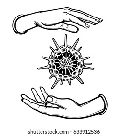 Human hands hold  a skeleton of a radiolaria. Coloring book. Vector illustration isolated on a white background.