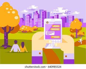 Human Hands Hold Smart Phone with Messenger App. People Using Gadgets Walking Outdoors in the Park in Big City. Flat Illustration of Young People Texting via Messenger on the Big City Skyline