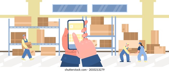 Human hands hold smartphone with app for warehouse management. Smart logistic for control distribution cargo for delivery and checking the availability of goods in stock. Vector.