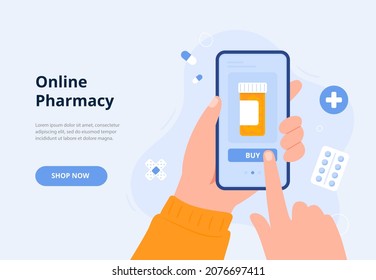 Human hands hold a smartphone and order medicines. Online pharmacy, delivery drugs, prescription medicines order. Vector flat illustration for banners, landing page.