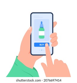 Human hands hold a smartphone and order medical drops. Online pharmacy, delivery drugs, prescription medicines order. Vector flat illustration isolated on white background.