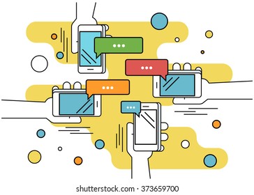 Human hands hold a smartphone and sending messages to friends via messenger app. Flat line contour illustration of chatting via smartphone app