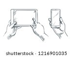 Human hands hold smartphone and tablet, vector sketch illustration isolated on white background. Mobile phone empty white screen. Business communications concept.
