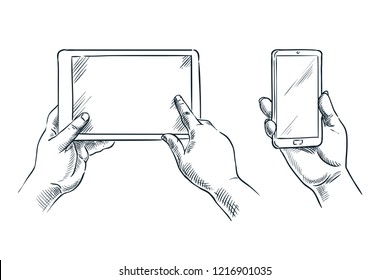 Manos humanas sostienen smartphone y tableta, ilustración de esbozo vectorial aislada en fondo blanco. Pantalla blanca vacía del teléfono móvil. Concepto de comunicaciones comerciales.