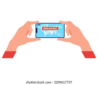 Human hands hold a smartphone and watching news channel. breaking news. mobile phone app for latest news. vector illustration.