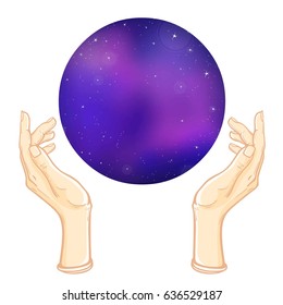Human hands hold the sphere symbolizing the  space. Vector illustration isolated on a white background.