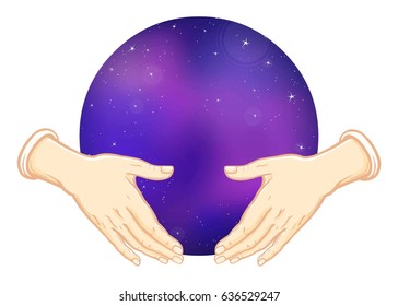 Human hands hold the sphere symbolizing the  space. Vector illustration isolated on a white background.